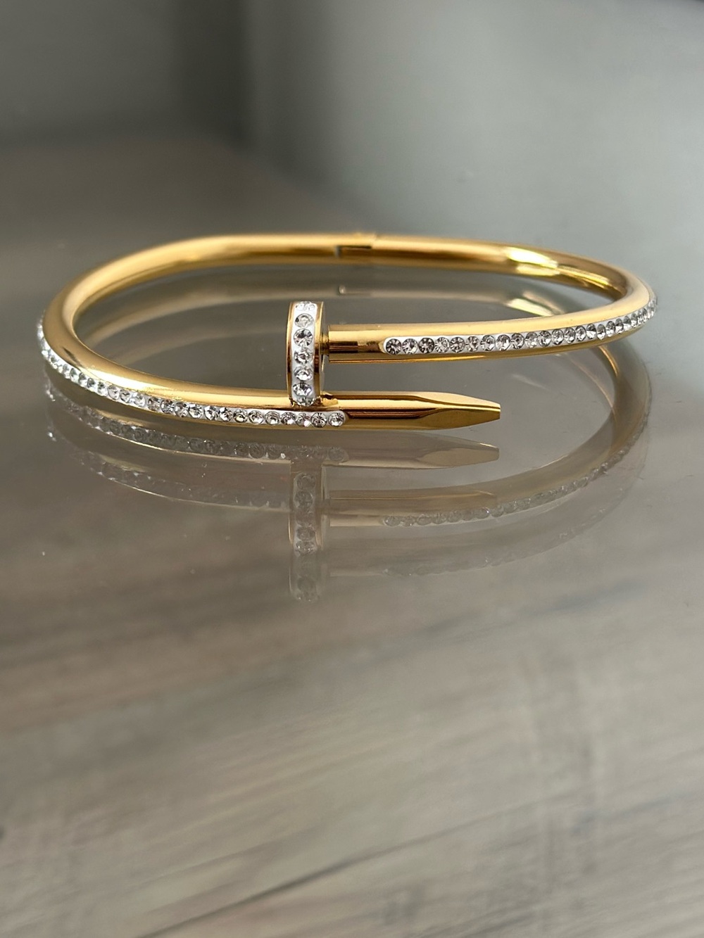 Gold Filled Tone Pave Nail-Style Bangle Bracelet - Clear Crystal Accents